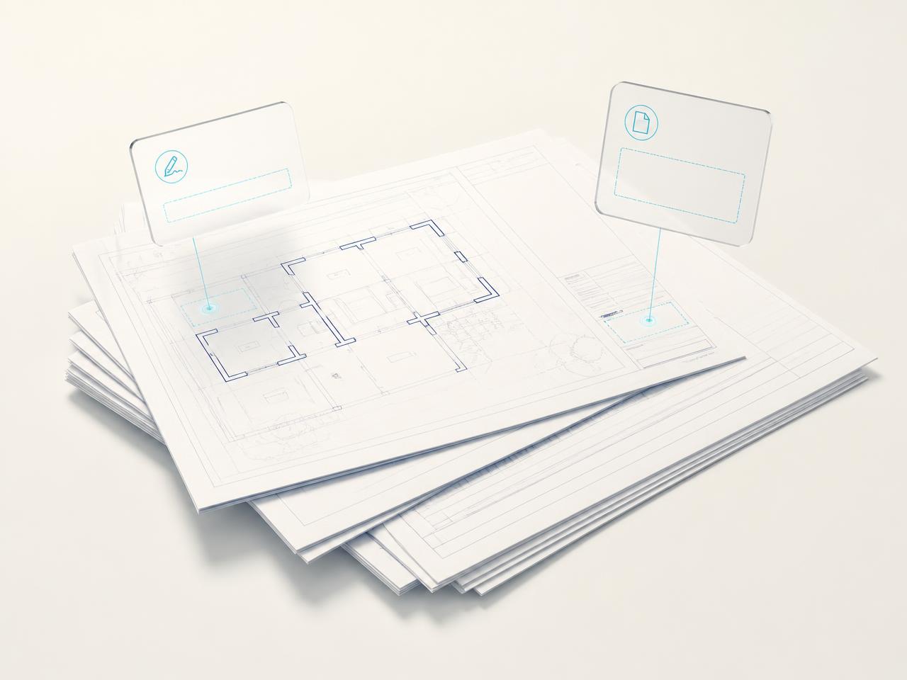 Stack of architectural plan sheets with tag cards flagging a missing signature field and a missing form.