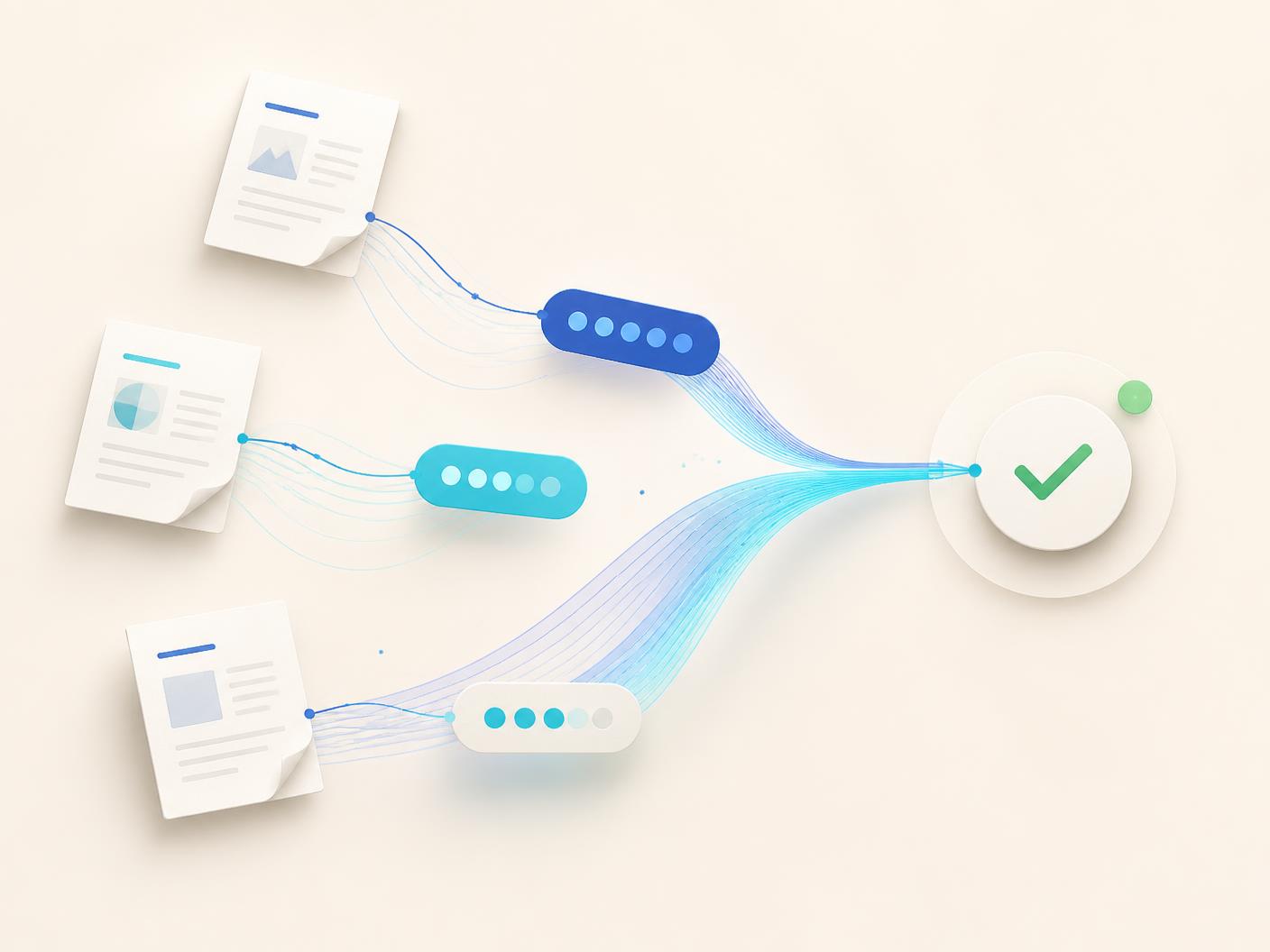 Source-trail ribbon connecting document snippets to confidence labels and a human review status marker.